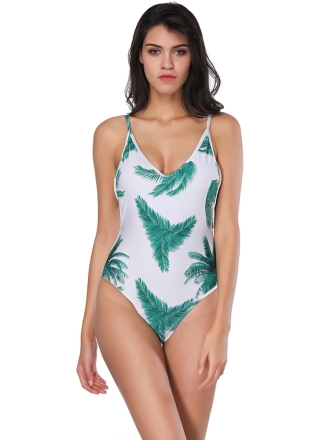 Green Leaf Print One Piece Swimsuit