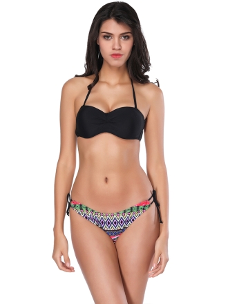 Black Solid Color Bikini Top & Geometric Print Bikini Bottom