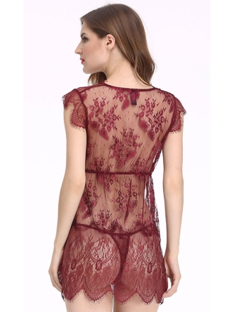 Red Eyelash Lace and Mesh Bobydoll Set