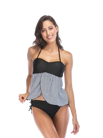 Black Chest Bowknot Drape Small Plaid Skirt Hem Swimwear