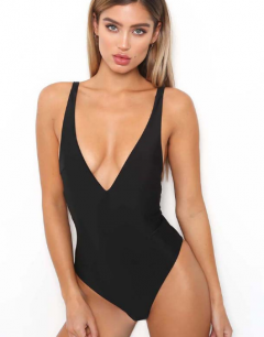 Solid Color Sexy One Piece Swimsuit-Black-S