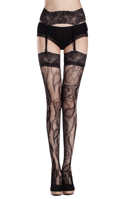 Reliable Floral Mesh Design Black Thigh Highs