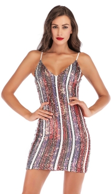 Vertical Stripes Sequin New Year's Mini Dress-M-Red